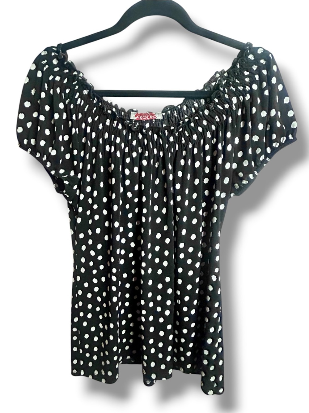Smocked Black & White Polka Dot Blouse 
Adj Shoulder Short Sleeve Peasant Top